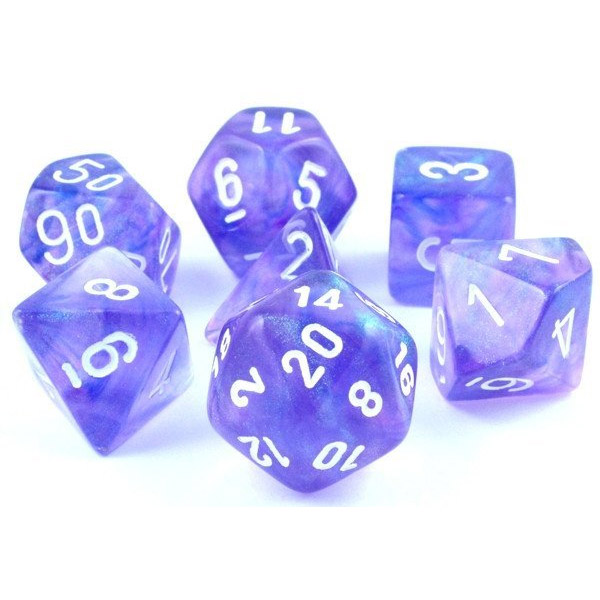 borealis-purple-white-7-dice-set